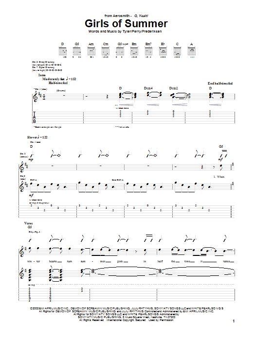 Aerosmith Girls Of Summer Sheet Music Notes & Chords for Guitar Tab - Download or Print PDF
