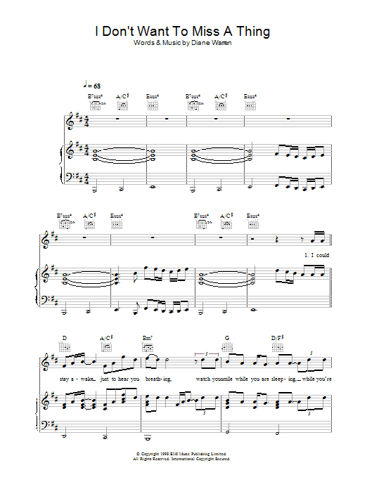 Aerosmith I Don't Want To Miss A Thing Sheet Music Notes & Chords for Piano, Vocal & Guitar (Right-Hand Melody) - Download or Print PDF