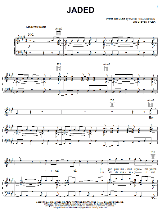 Aerosmith Jaded Sheet Music Notes & Chords for Piano, Vocal & Guitar (Right-Hand Melody) - Download or Print PDF