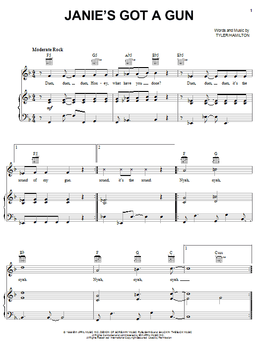 Preview Aerosmith Janie's Got A Gun Rock sheet music, notes and chords for Piano, Vocal & Guitar (Right-Hand Melody), SKU: 21431 Janie's Got A Gun sheet music