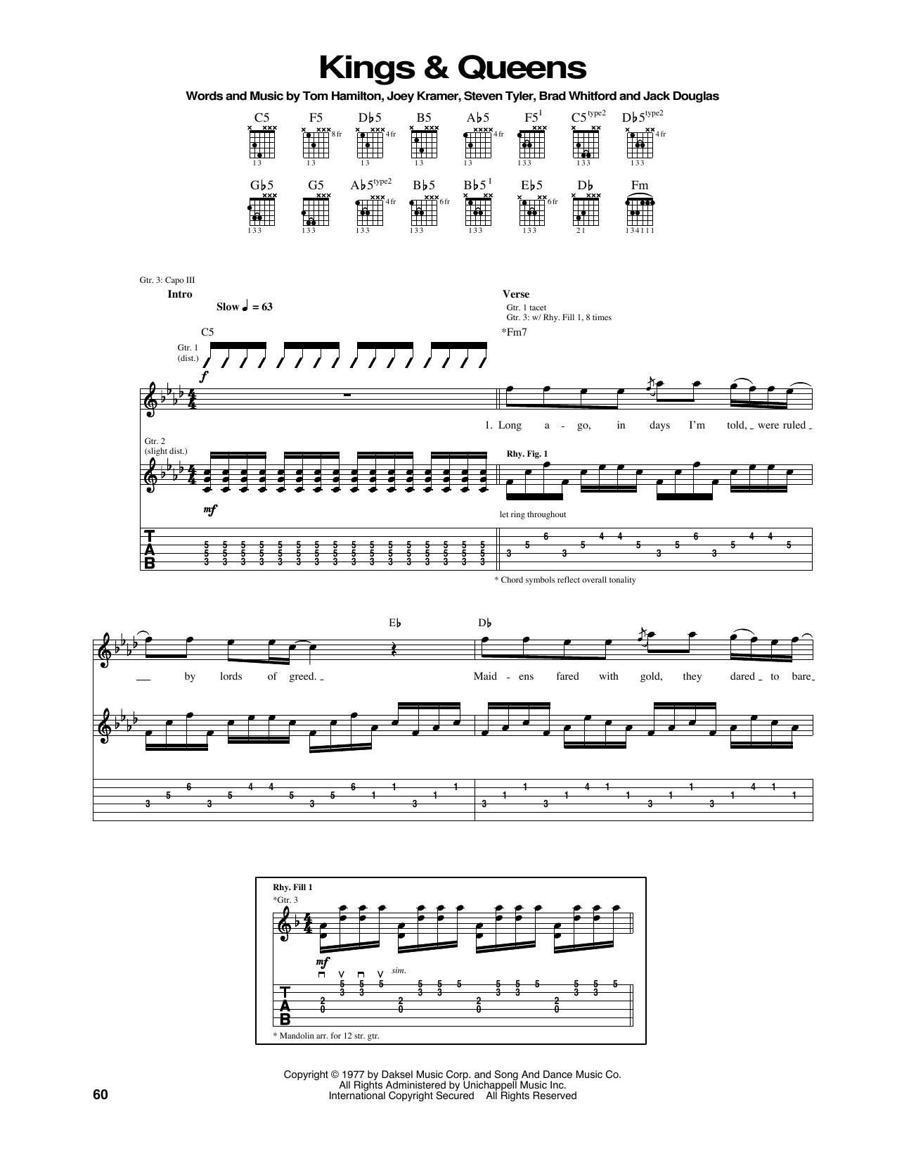 Aerosmith Kings & Queens Sheet Music Notes & Chords for Piano, Vocal & Guitar Chords (Right-Hand Melody) - Download or Print PDF