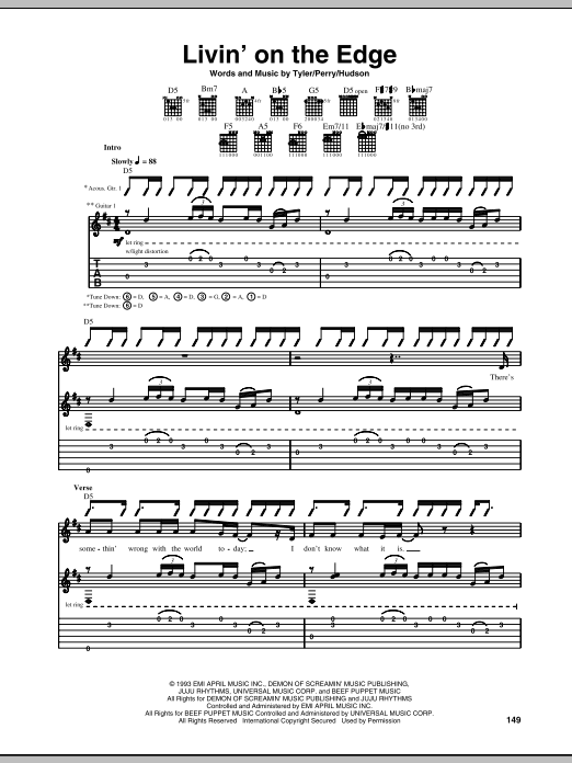 Aerosmith Livin' On The Edge Sheet Music Notes & Chords for Guitar Tab - Download or Print PDF