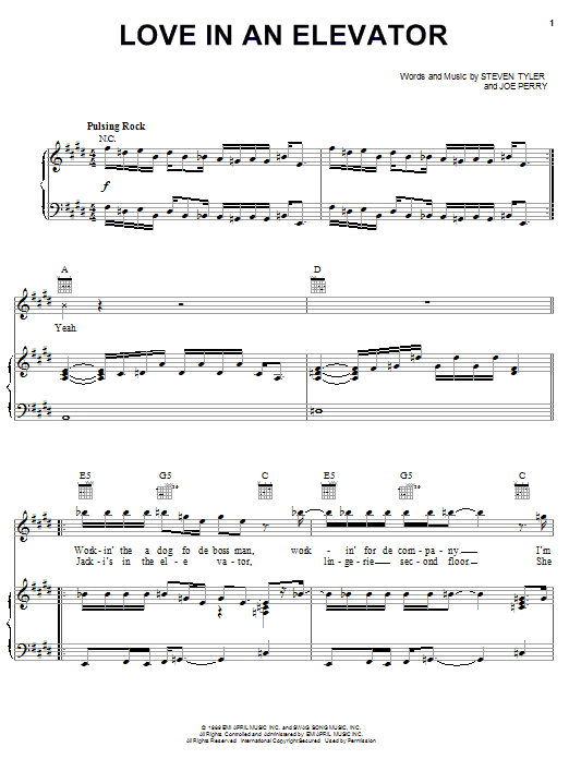 Aerosmith Love In An Elevator Sheet Music Notes & Chords for Piano, Vocal & Guitar (Right-Hand Melody) - Download or Print PDF