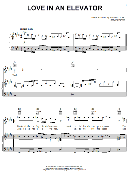Preview Aerosmith Love In An Elevator Rock sheet music, notes and chords for Piano, Vocal & Guitar (Right-Hand Melody), SKU: 22661 Love In An Elevator sheet music