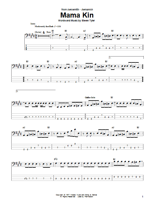 Aerosmith Mama Kin Sheet Music Notes & Chords for Bass Guitar Tab - Download or Print PDF