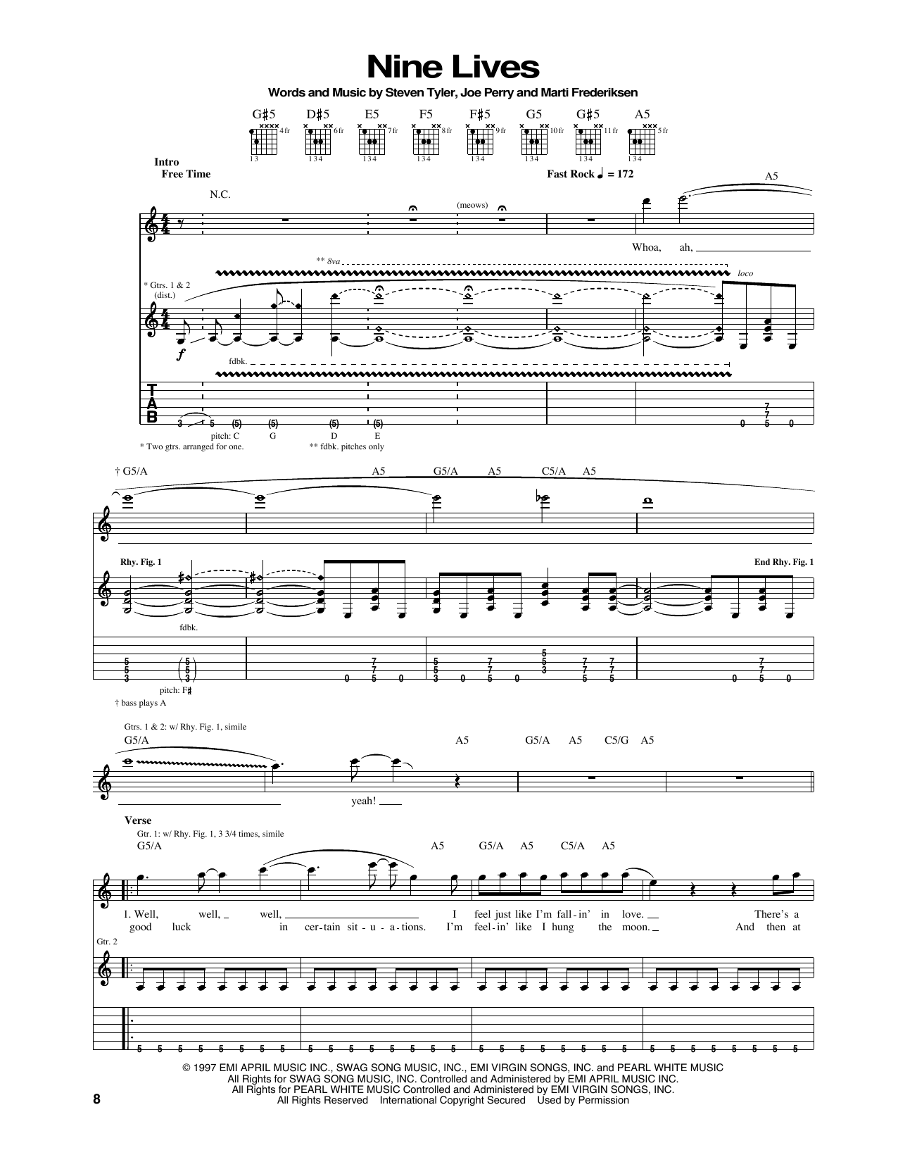 Aerosmith Nine Lives Sheet Music Notes & Chords for Guitar Tab - Download or Print PDF