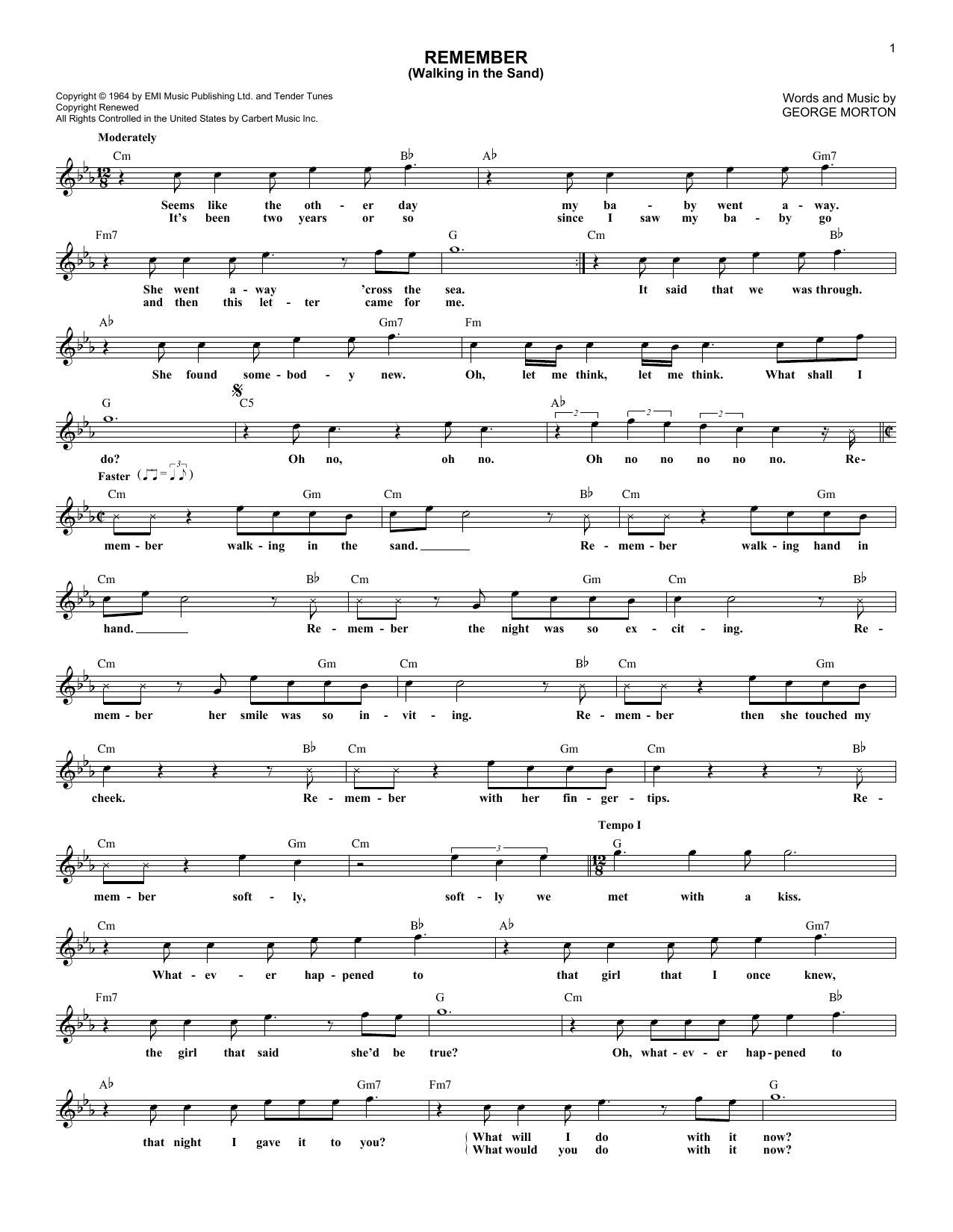 Aerosmith Remember (Walking In The Sand) Sheet Music Notes & Chords for Melody Line, Lyrics & Chords - Download or Print PDF