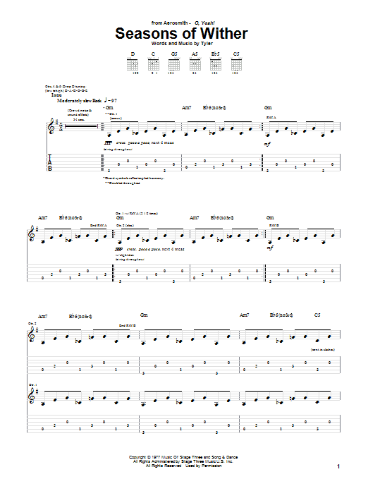 Aerosmith Seasons Of Wither Sheet Music Notes & Chords for Guitar Tab - Download or Print PDF