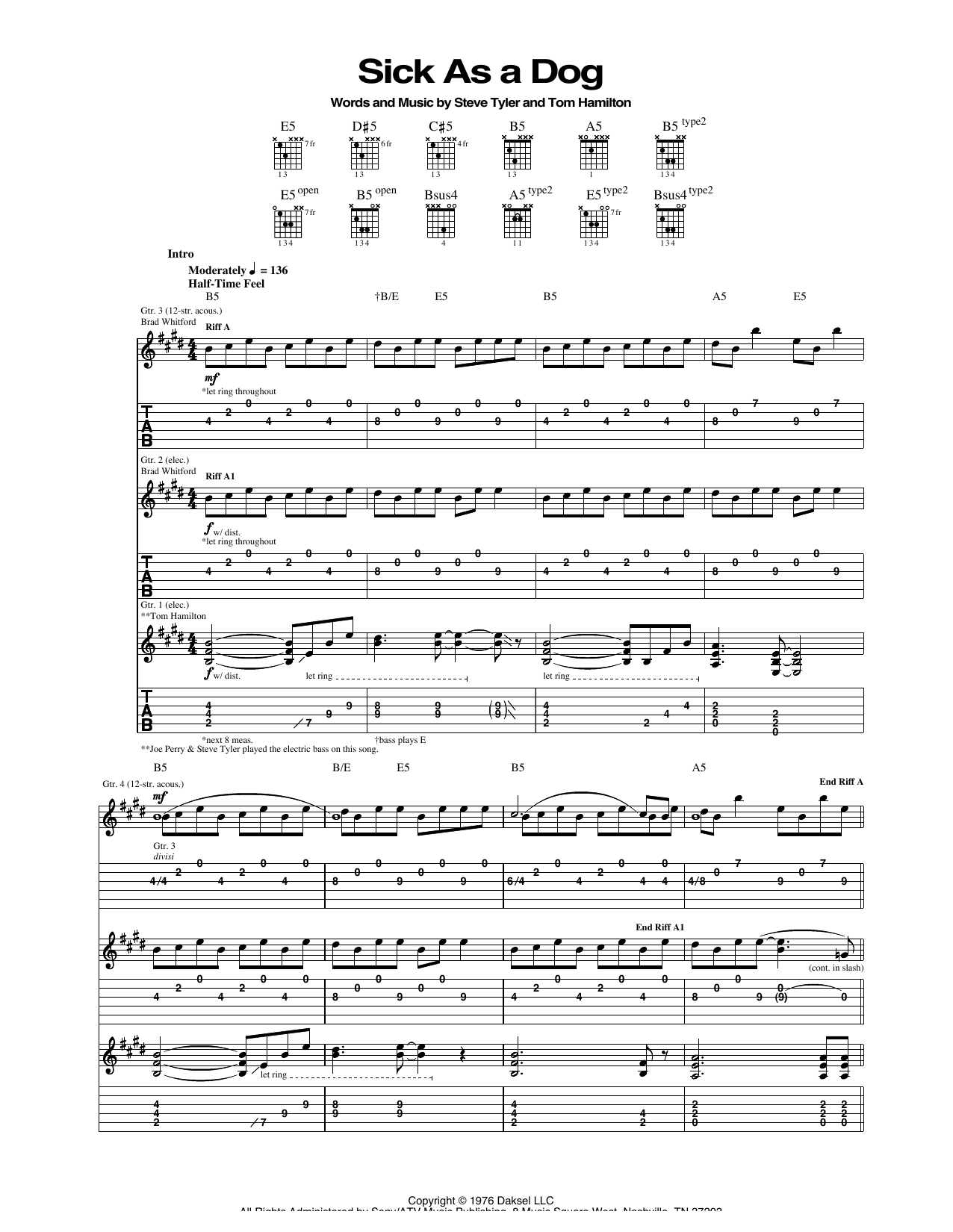 Aerosmith Sick As A Dog Sheet Music Notes & Chords for Guitar Tab - Download or Print PDF