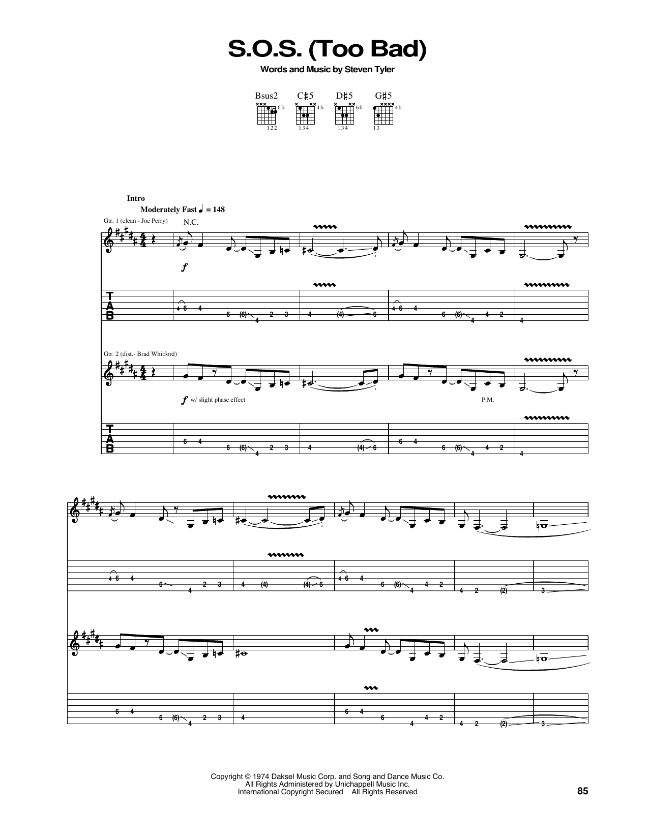 Aerosmith S.O.S. (Too Bad) Sheet Music Notes & Chords for Guitar Tab - Download or Print PDF