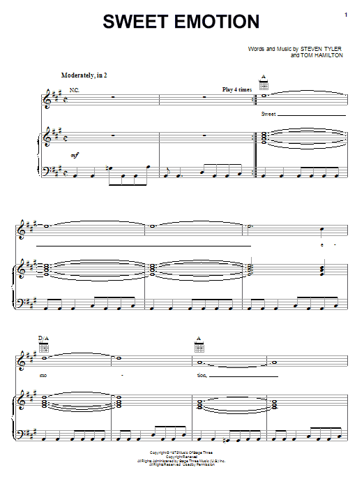 Aerosmith Sweet Emotion Sheet Music Notes & Chords for Melody Line, Lyrics & Chords - Download or Print PDF