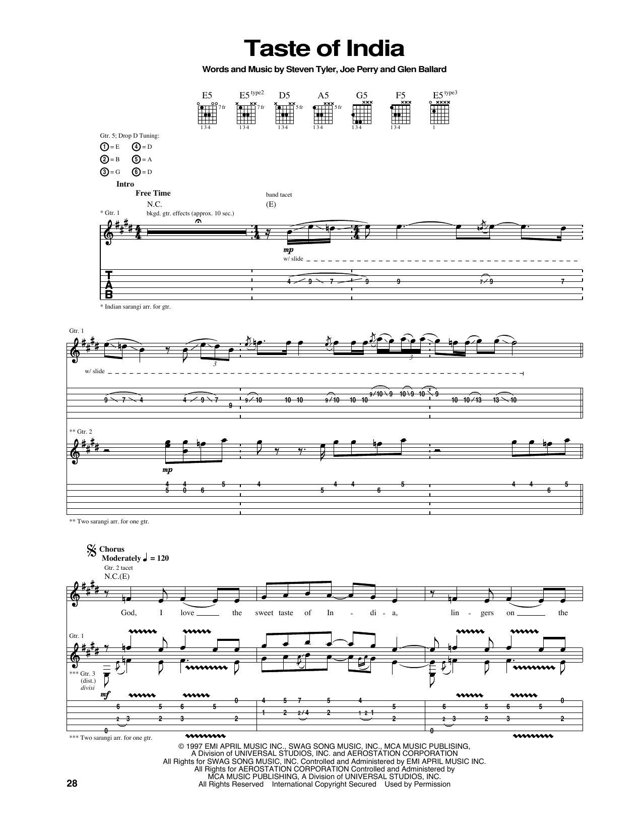 Aerosmith Taste Of India Sheet Music Notes & Chords for Guitar Tab - Download or Print PDF