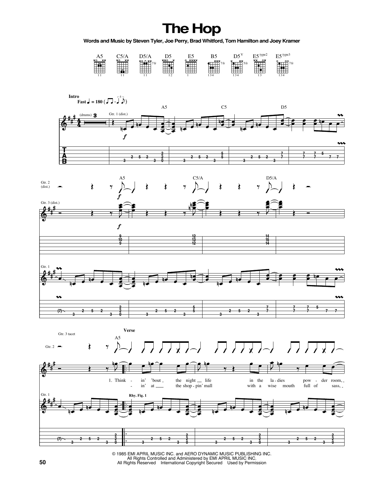 Aerosmith The Hop Sheet Music Notes & Chords for Piano, Vocal & Guitar Chords (Right-Hand Melody) - Download or Print PDF