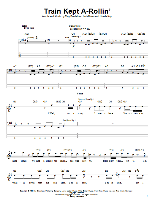 Aerosmith Train Kept A-Rollin' Sheet Music Notes & Chords for Bass Guitar Tab - Download or Print PDF