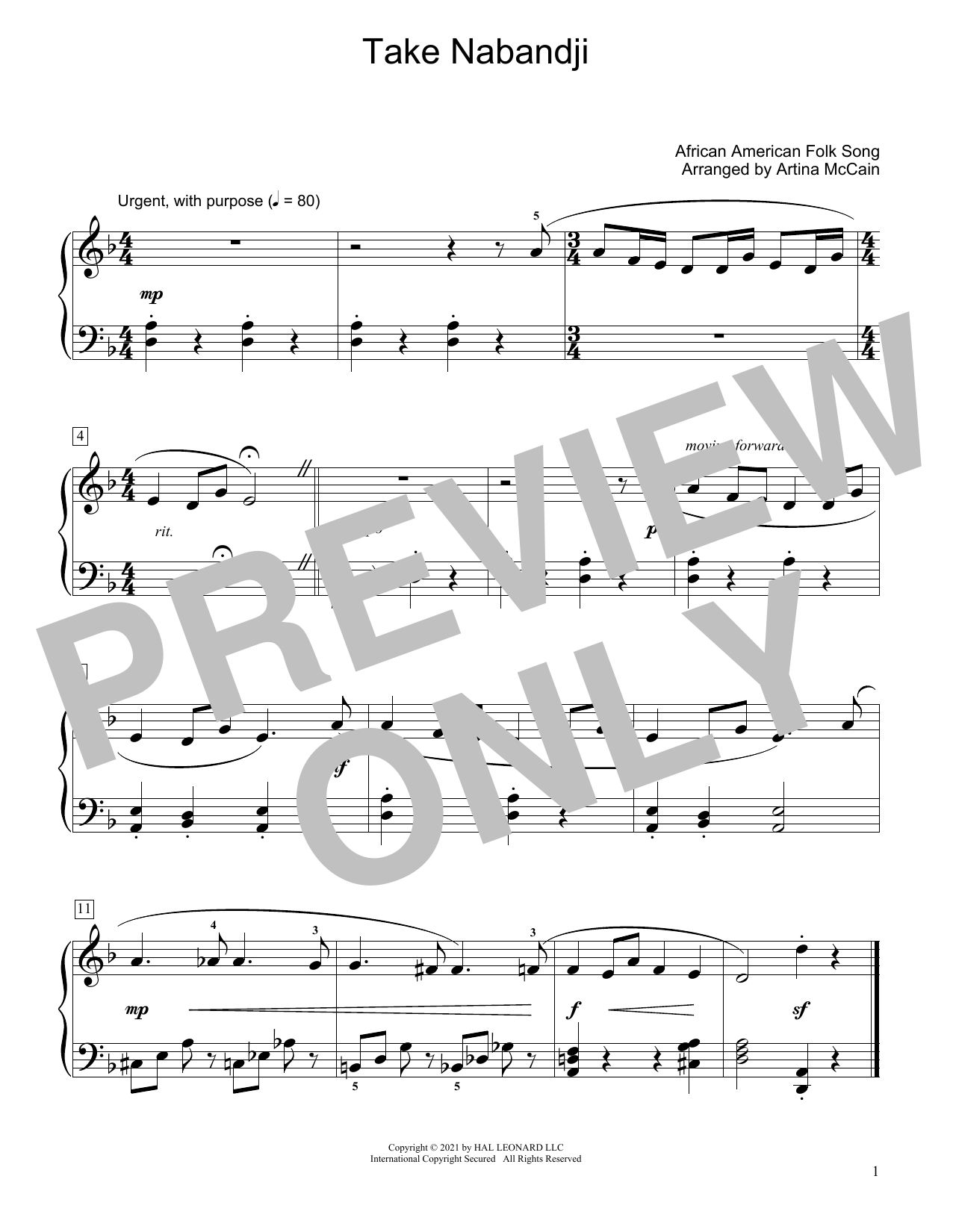 African American Folk Song Take Nabandji (arr. Artina McCain) Sheet Music Notes & Chords for Educational Piano - Download or Print PDF