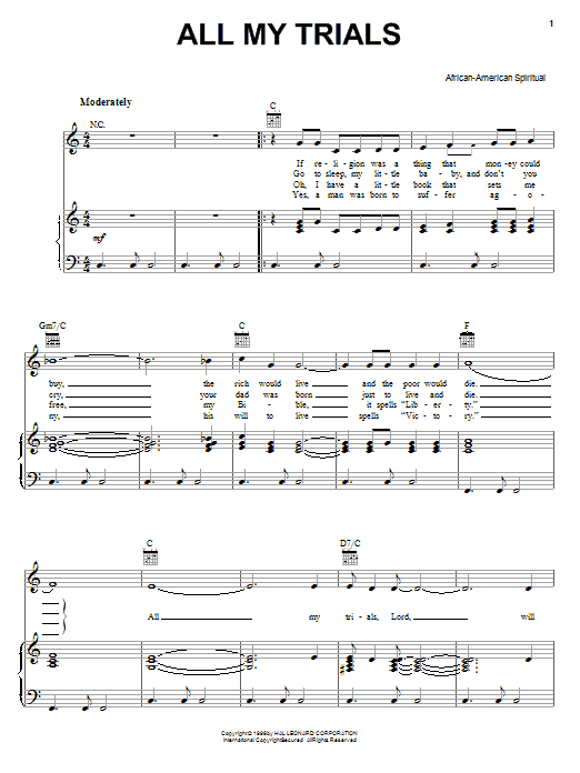African-American Spiritual All My Trials Sheet Music Notes & Chords for Piano, Vocal & Guitar (Right-Hand Melody) - Download or Print PDF