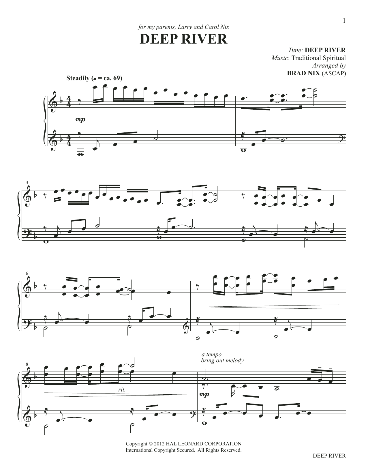 African-American Spiritual Deep River (arr. Brad Nix) Sheet Music Notes & Chords for Piano Solo - Download or Print PDF