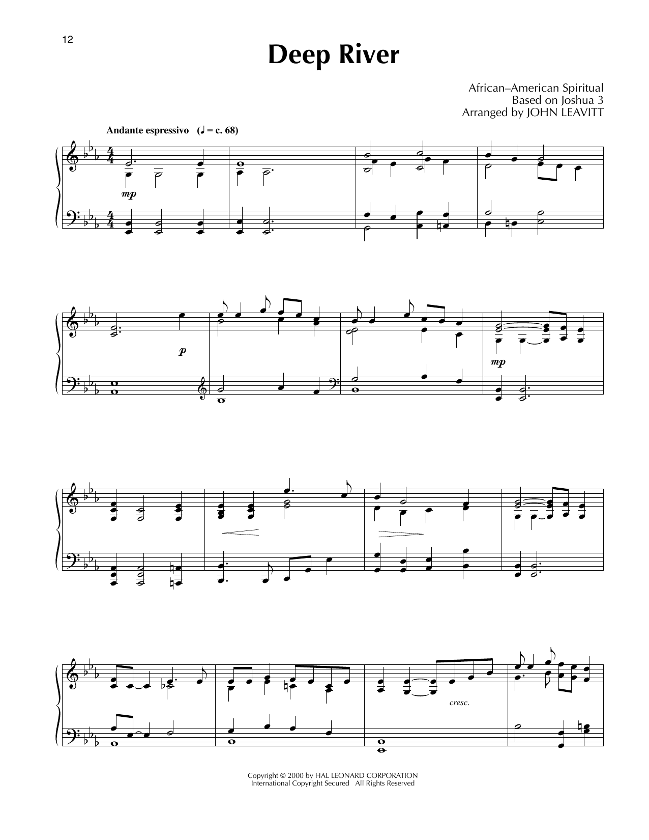African-American Spiritual Deep River (arr. John Leavitt) Sheet Music Notes & Chords for Piano Solo - Download or Print PDF
