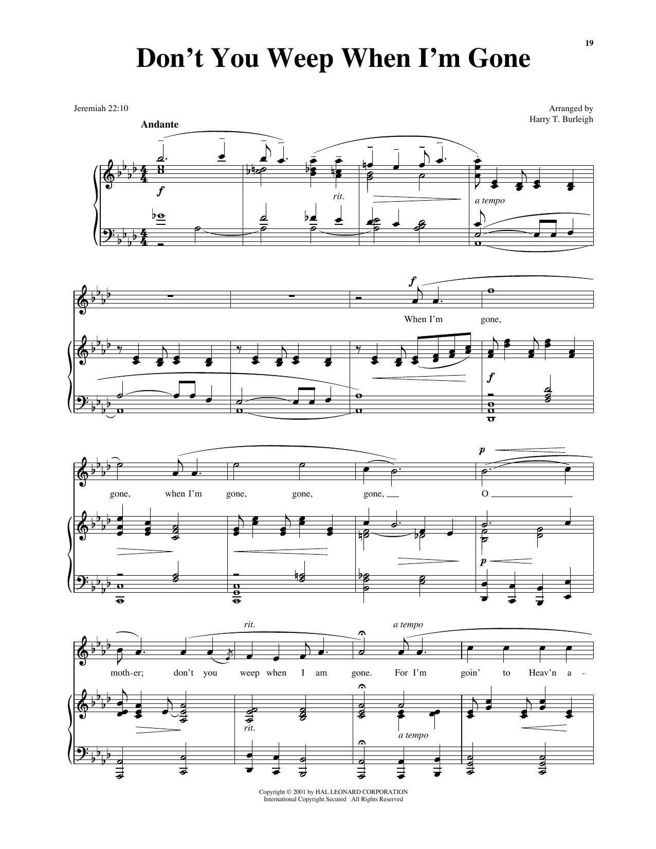 African American Spiritual Don't You Weep When I'm Gone Sheet Music Notes & Chords for Piano & Vocal - Download or Print PDF