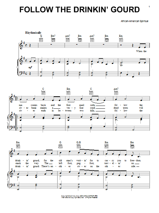 African-American Spiritual Follow The Drinkin' Gourd Sheet Music Notes & Chords for Piano, Vocal & Guitar (Right-Hand Melody) - Download or Print PDF