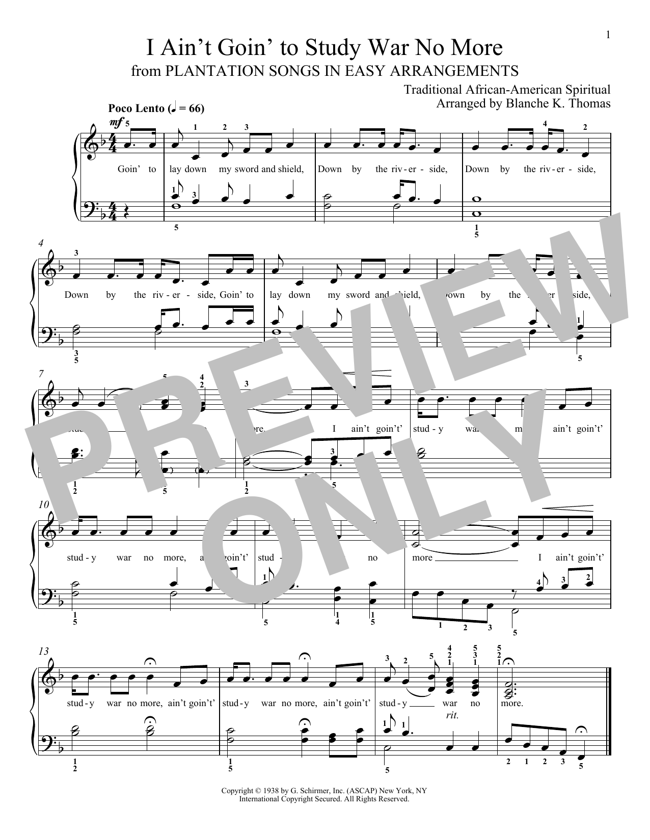 African-American Spiritual I Ain't Goin' To Study War No More Sheet Music Notes & Chords for Piano Solo - Download or Print PDF