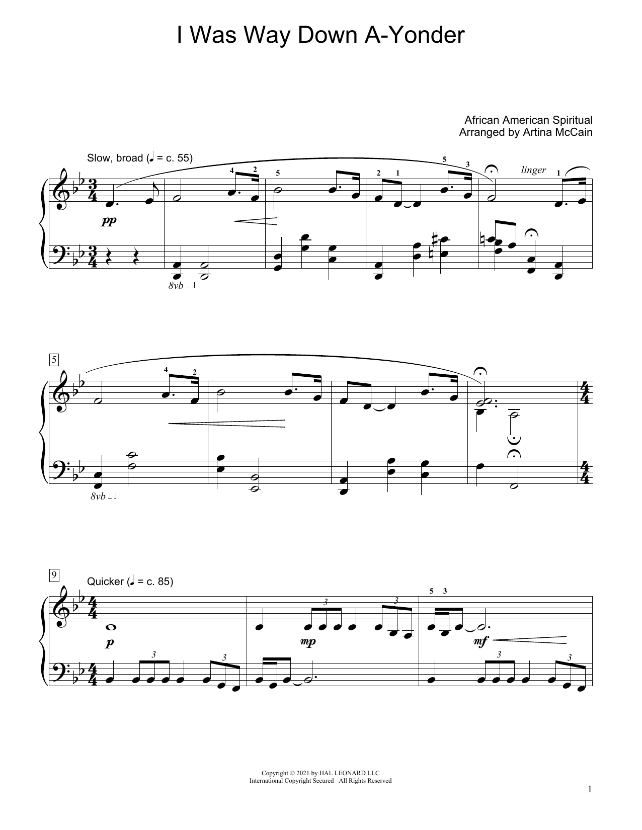 African American Spiritual I Was Way Down A-Yonder (arr. Artina McCain) Sheet Music Notes & Chords for Educational Piano - Download or Print PDF