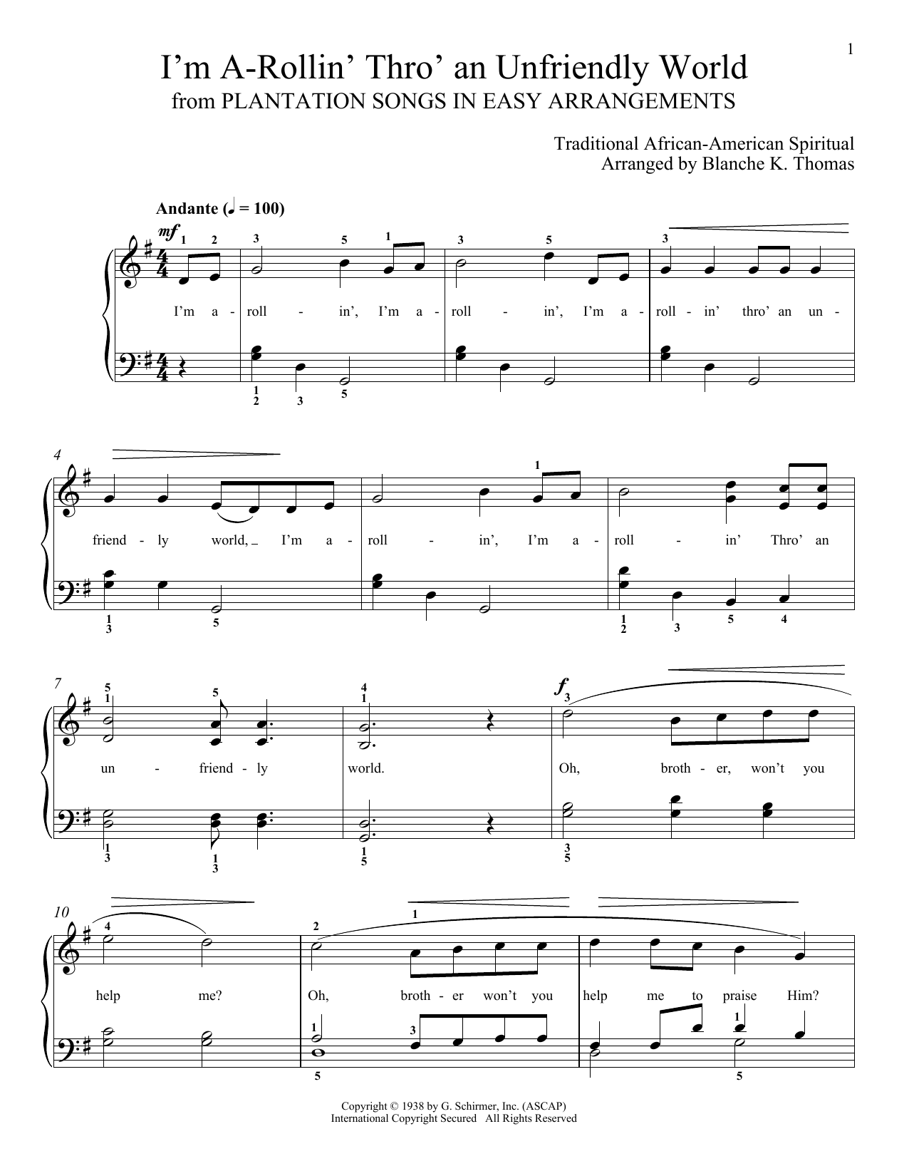 African-American Spiritual I'm A Rollin' Thro' An Unfriendly World Sheet Music Notes & Chords for Piano Solo - Download or Print PDF