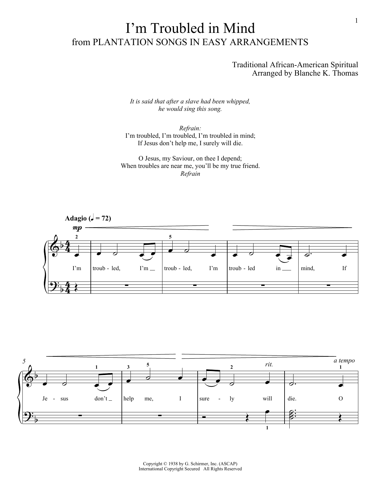 African-American Spiritual I'm Troubled In Mind Sheet Music Notes & Chords for Piano Solo - Download or Print PDF