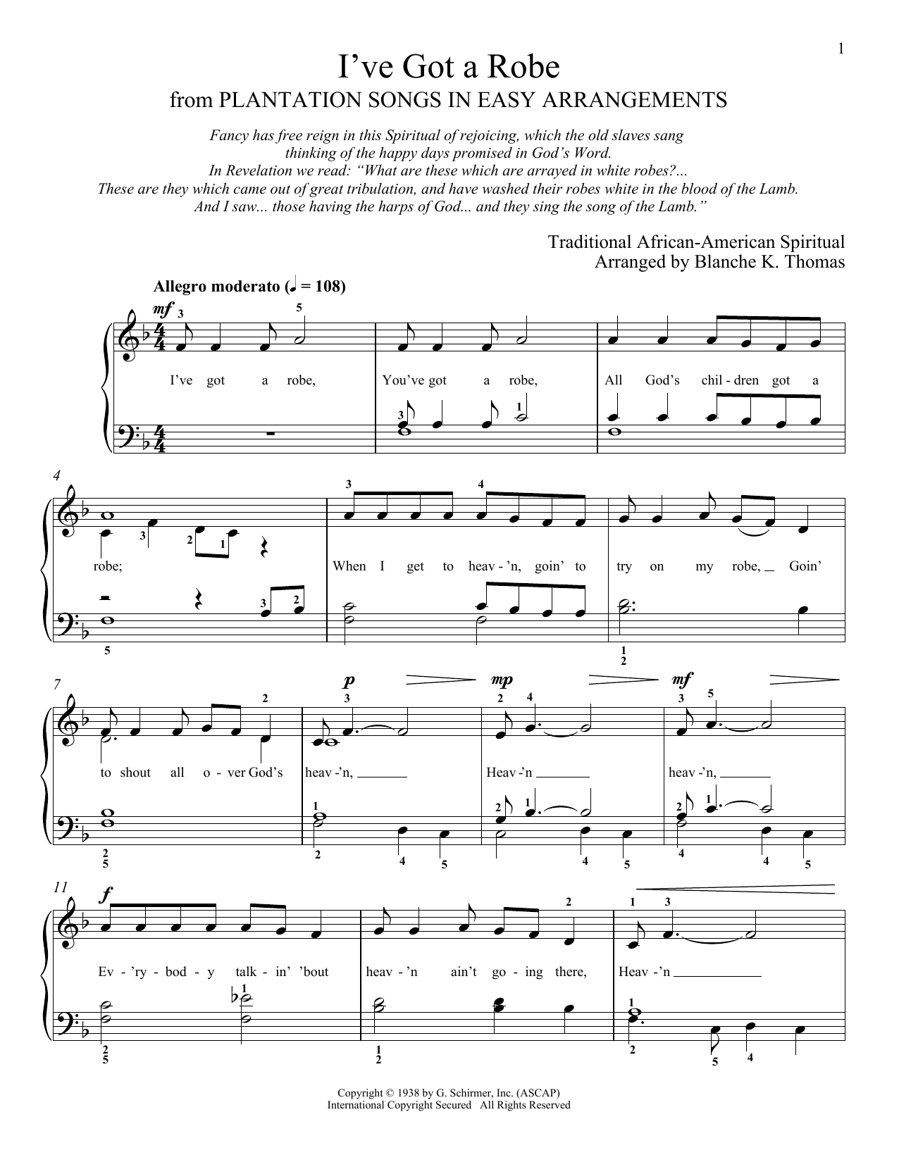 African-American Spiritual I've Got A Robe Sheet Music Notes & Chords for Piano Solo - Download or Print PDF