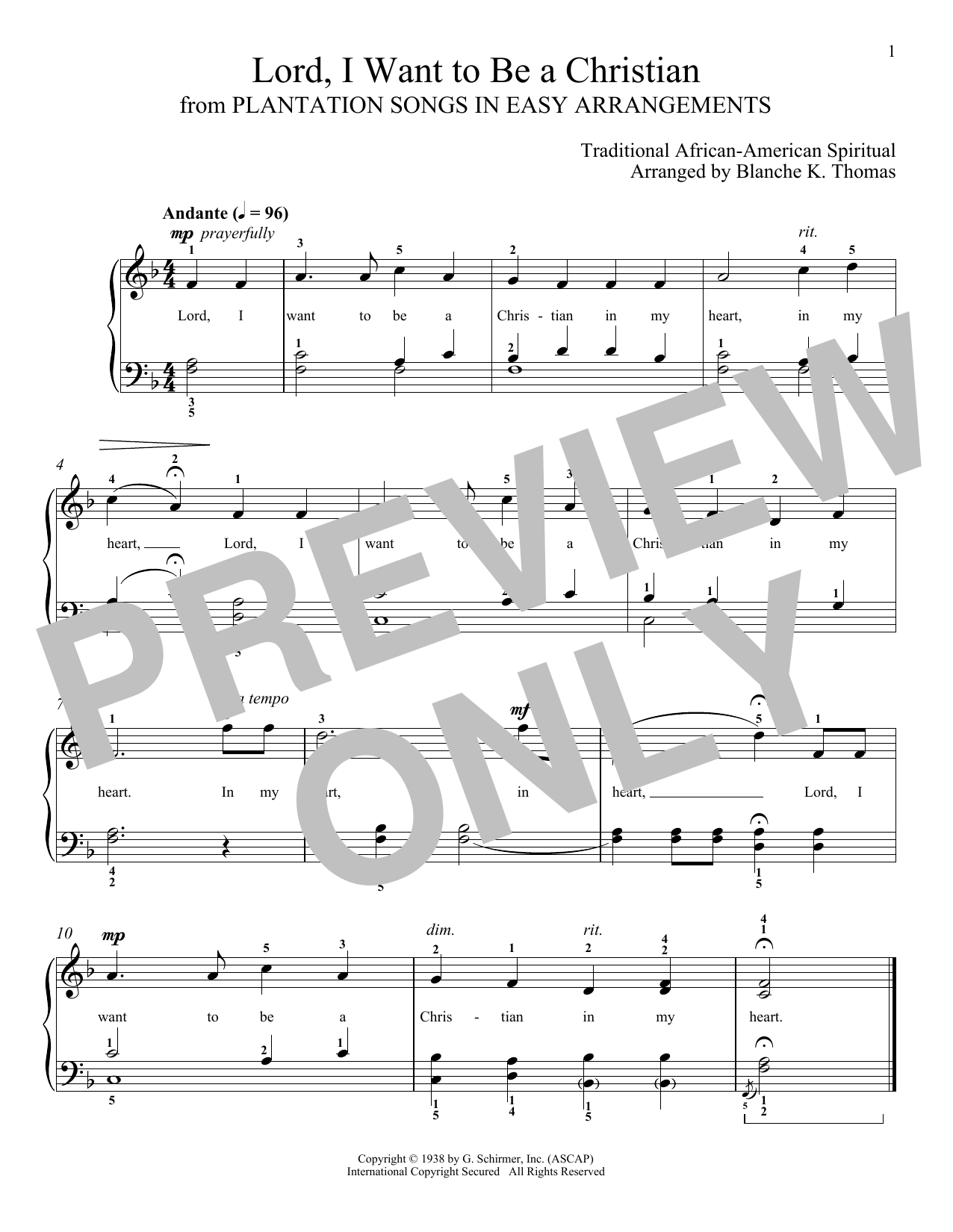 African-American Spiritual Lord, I Want To Be A Christian Sheet Music Notes & Chords for Piano Solo - Download or Print PDF