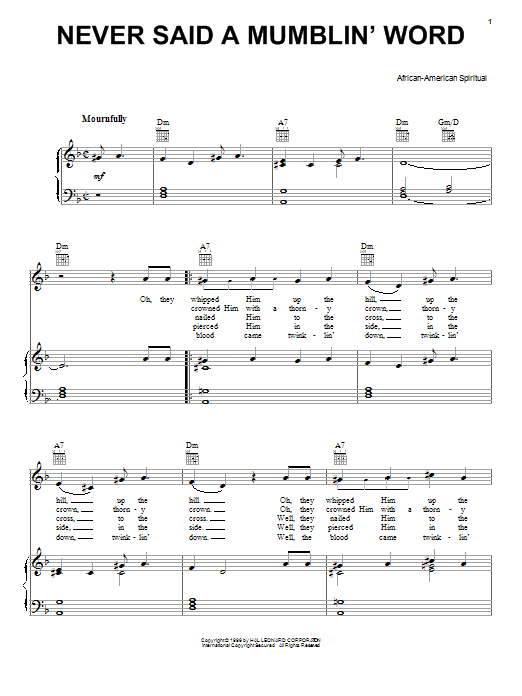 African-American Spiritual Never Said A Mumblin' Word (He Never Said A Mumblin' Word) Sheet Music Notes & Chords for Piano, Vocal & Guitar (Right-Hand Melody) - Download or Print PDF