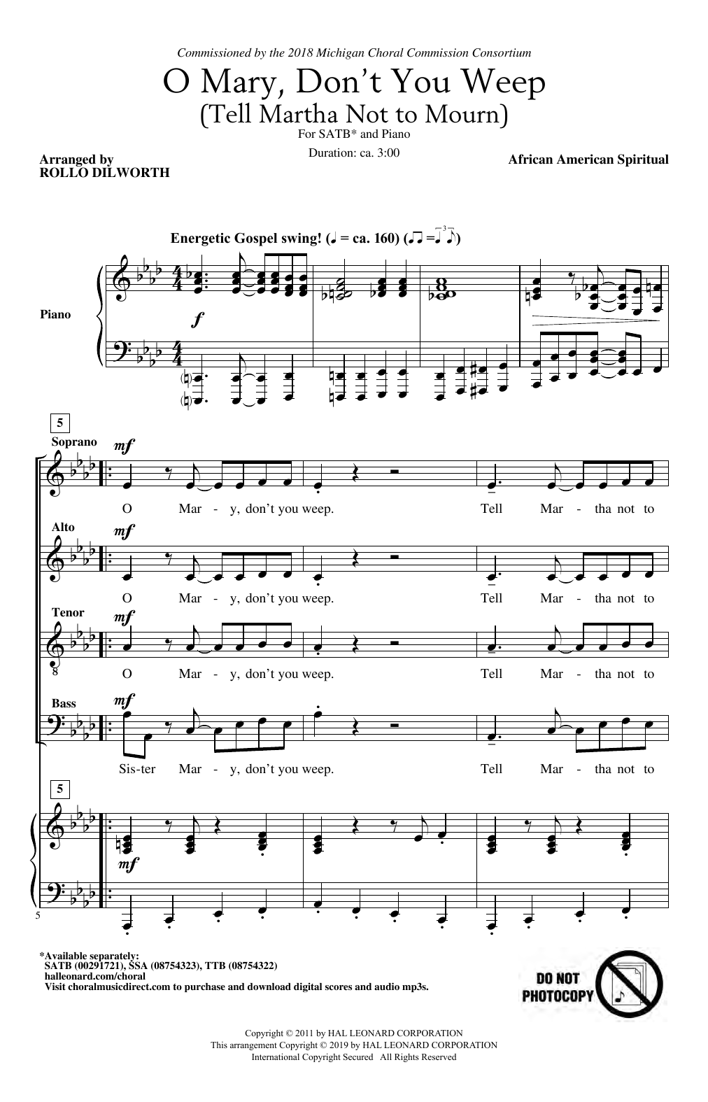 African-American Spiritual O Mary, Don't You Weep (Tell Martha Not to Mourn) (arr. Rollo Dilworth) Sheet Music Notes & Chords for SATB Choir - Download or Print PDF