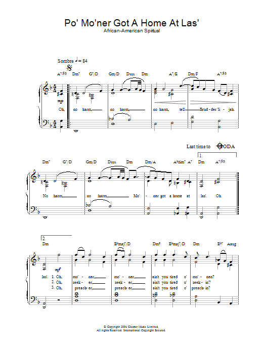 African-American Spiritual Po' Mo'ner Got A Home At Las' Sheet Music Notes & Chords for Piano & Vocal - Download or Print PDF