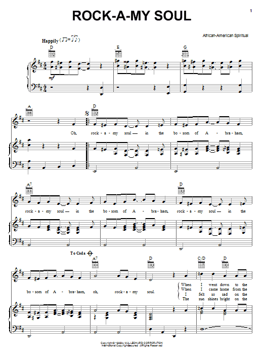 African-American Spiritual Rock A My Soul Sheet Music Notes & Chords for Piano, Vocal & Guitar (Right-Hand Melody) - Download or Print PDF