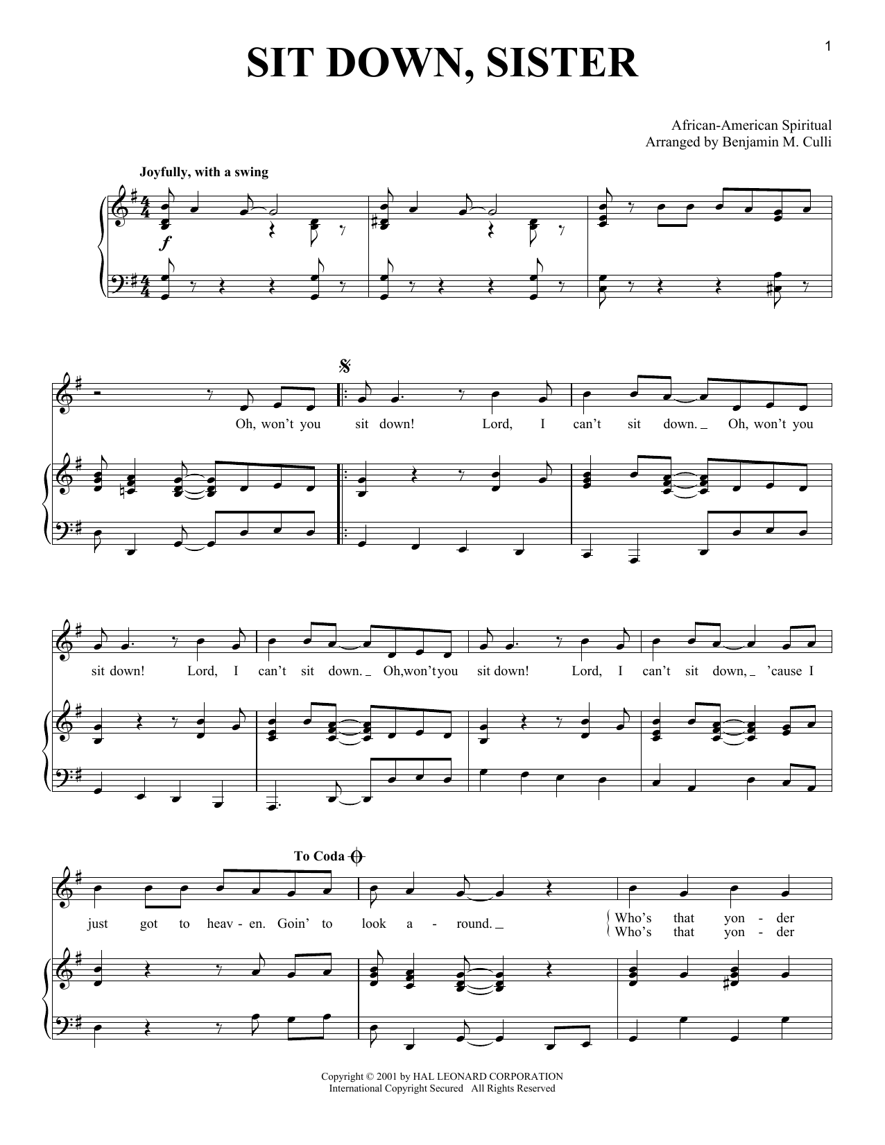 African-American Spiritual Sit Down, Sister Sheet Music Notes & Chords for Piano & Vocal - Download or Print PDF