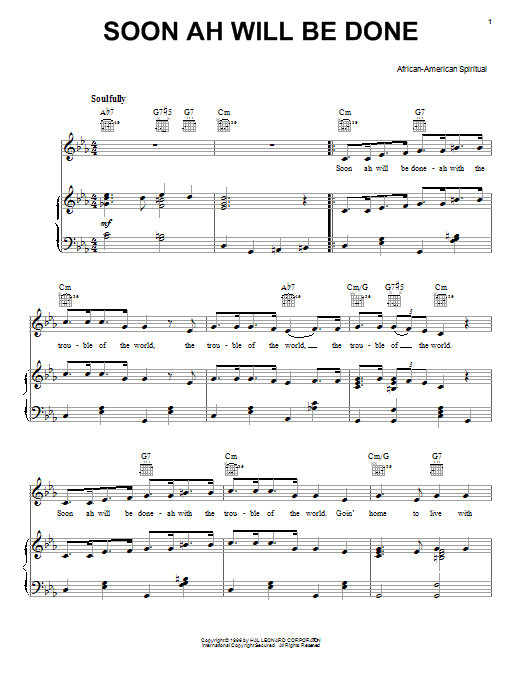 African-American Spiritual Soon Ah Will Be Done Sheet Music Notes & Chords for Piano, Vocal & Guitar (Right-Hand Melody) - Download or Print PDF