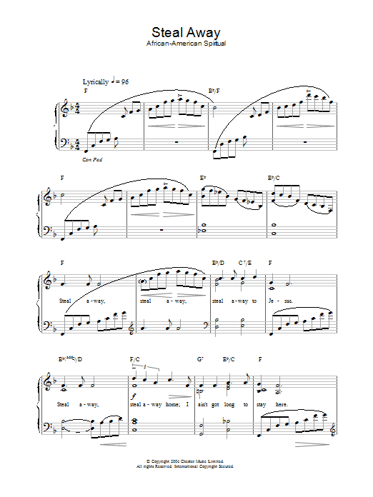 African-American Spiritual Steal Away Sheet Music Notes & Chords for Piano, Vocal & Guitar (Right-Hand Melody) - Download or Print PDF