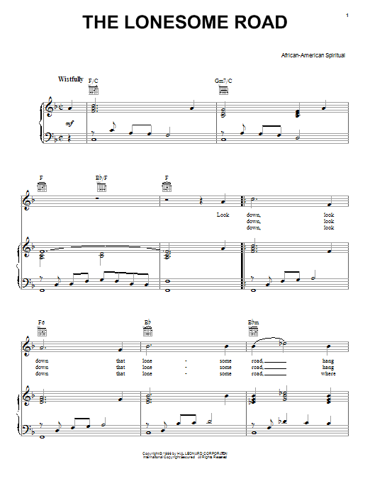 African-American Spiritual The Lonesome Road Sheet Music Notes & Chords for Piano, Vocal & Guitar (Right-Hand Melody) - Download or Print PDF