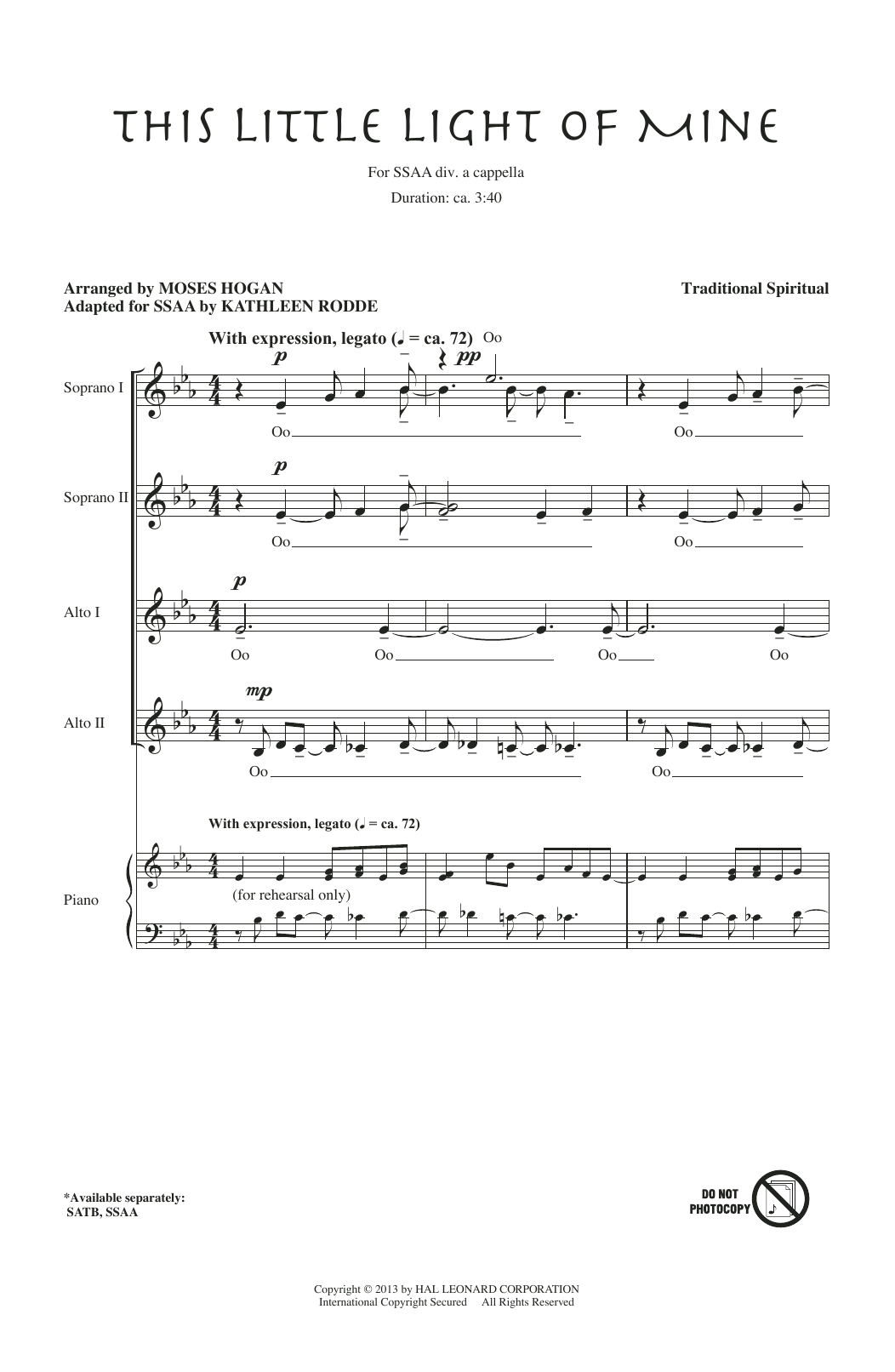 African-American Spiritual This Little Light Of Mine (arr. Moses Hogan) Sheet Music Notes & Chords for SSA - Download or Print PDF
