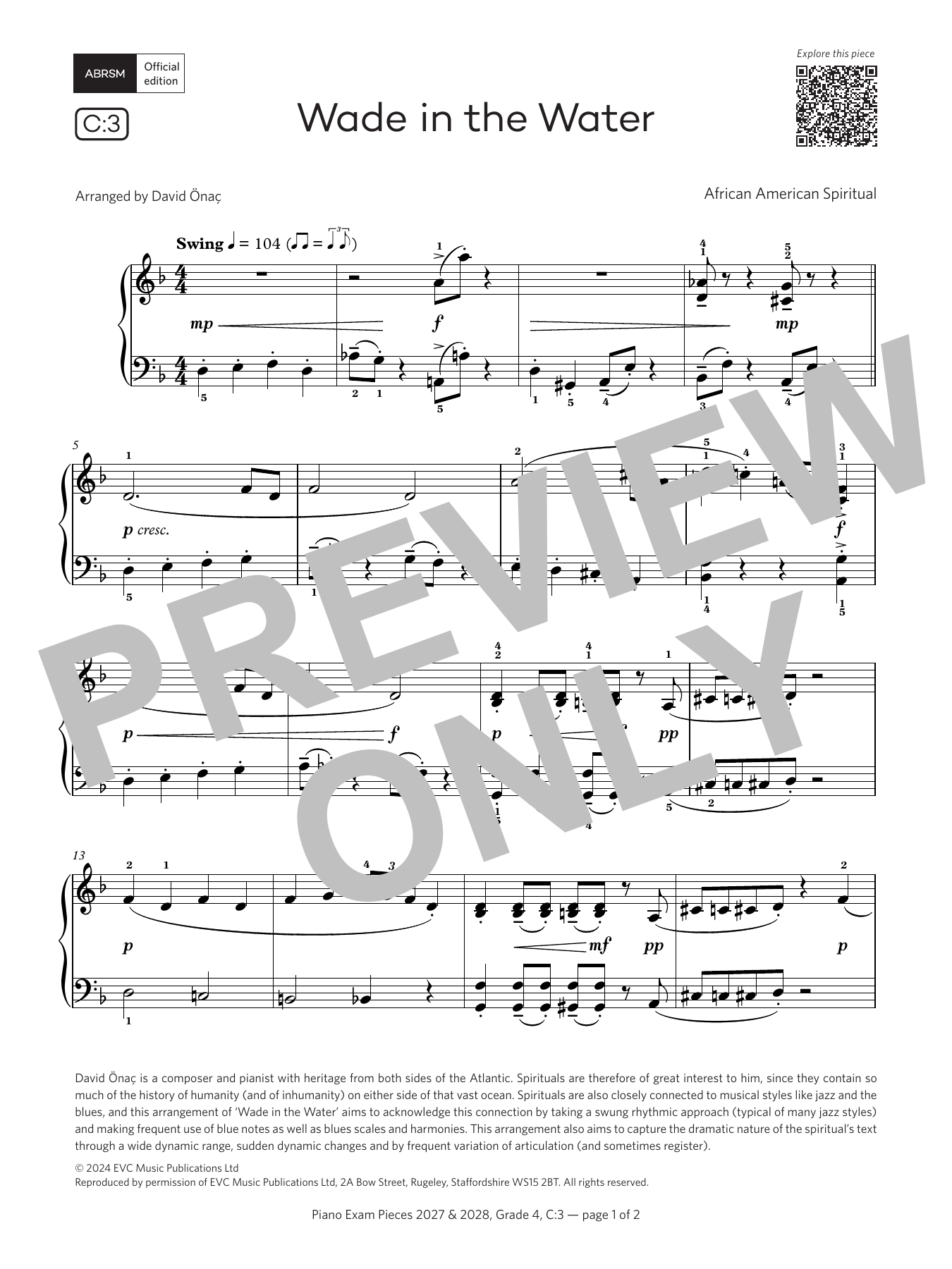 African-American Spiritual Wade in the Water (Grade 4, list C3, from the ABRSM Piano Syllabus 2027 & 2028) Sheet Music Notes & Chords for Piano Solo - Download or Print PDF