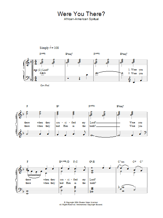 African-American Spiritual Were You There? Sheet Music Notes & Chords for Piano, Vocal & Guitar (Right-Hand Melody) - Download or Print PDF