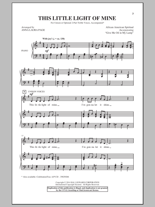 African American Spiritual Give Me Oil In My Lamp Arr Anna Laura Page Sheet Music Download Pdf Score 151662