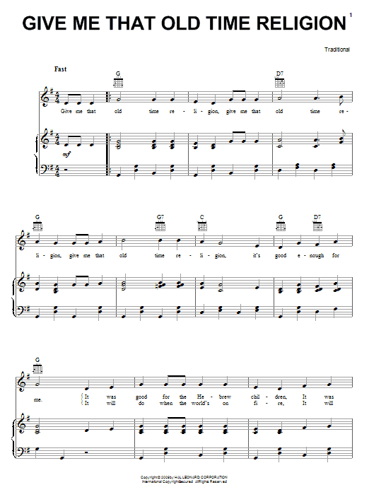 Preview African-American Spiritual Give Me That Old Time Religion Folk sheet music, notes and chords for Lyrics & Chords, SKU: 82337 Give Me That Old Time Religion sheet music