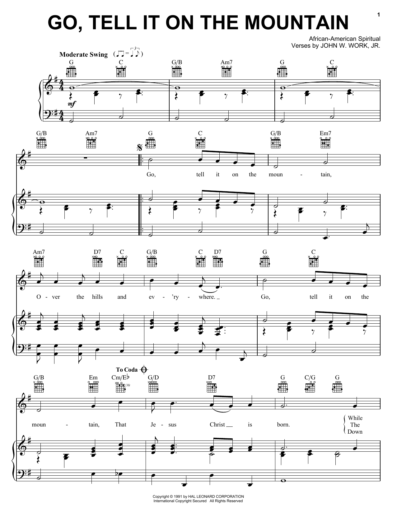 Preview African-American Spiritual Go, Tell It On The Mountain Religious sheet music, notes and chords for Piano, Vocal & Guitar (Right-Hand Melody), SKU: 24502 Go, Tell It On The Mountain sheet music