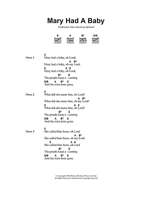 Preview African-American Spiritual Mary Had A Baby Christmas sheet music, notes and chords for Piano & Vocal, SKU: 18909 sheet music, piano notes, chords, guitar tabs, score, transpose, transcribe, how to play, guide, download, learn, tutorial, progression, song, artist, awards, billboard, mtv, vh1, tour, single, album, release