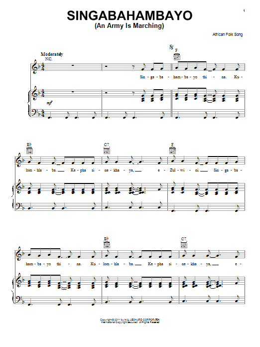 African Folksong Singabahambayo (An Army Is Marching) Sheet Music Notes & Chords for Piano, Vocal & Guitar (Right-Hand Melody) - Download or Print PDF