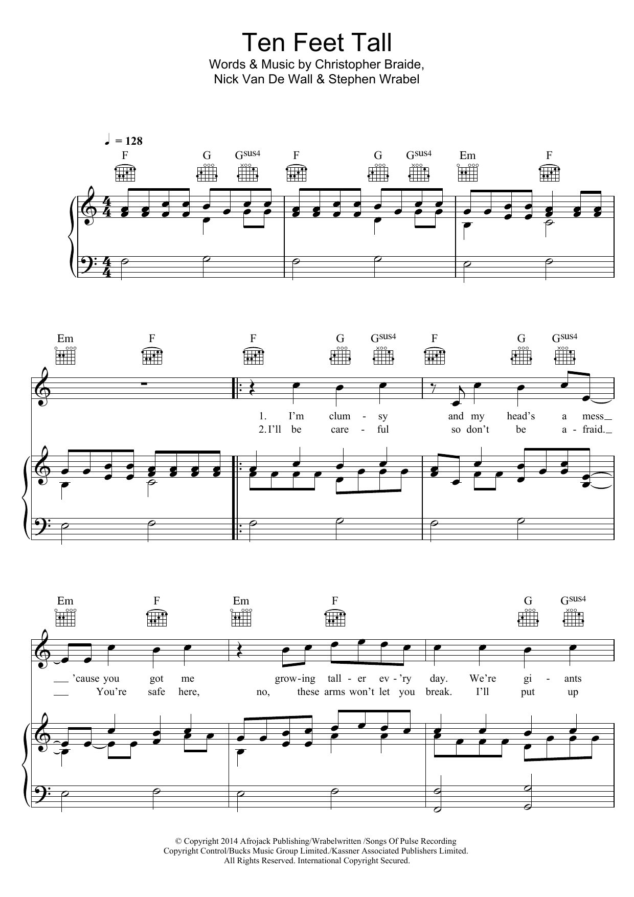 Afrojack Ten Feet Tall Sheet Music Notes & Chords for Piano, Vocal & Guitar (Right-Hand Melody) - Download or Print PDF