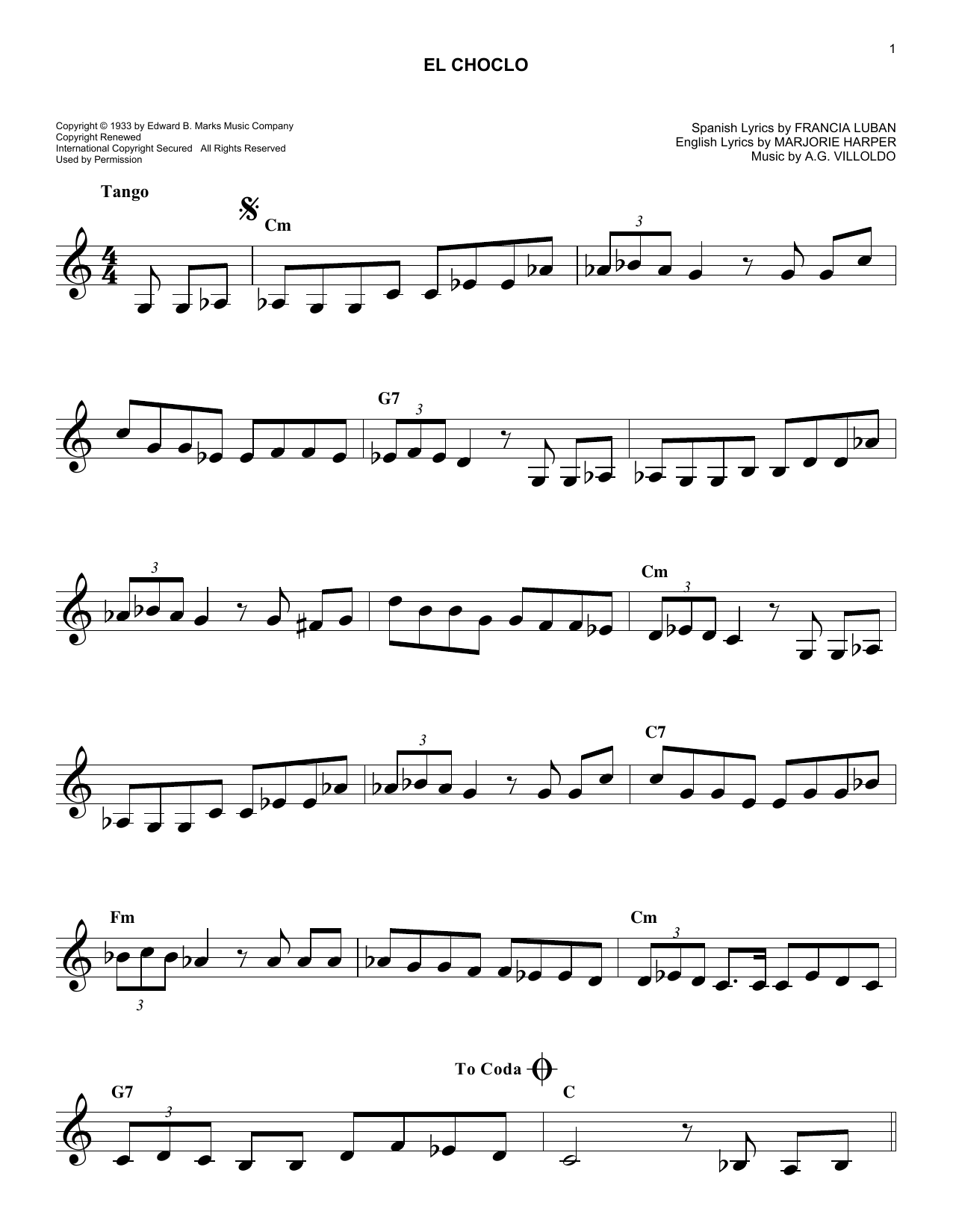 A.G. Villoldo El Choclo Sheet Music Notes & Chords for Melody Line, Lyrics & Chords - Download or Print PDF