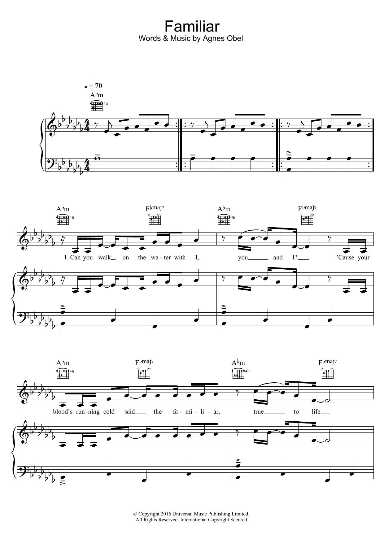 Agnes Obel Familiar Sheet Music Notes & Chords for Piano, Vocal & Guitar (Right-Hand Melody) - Download or Print PDF