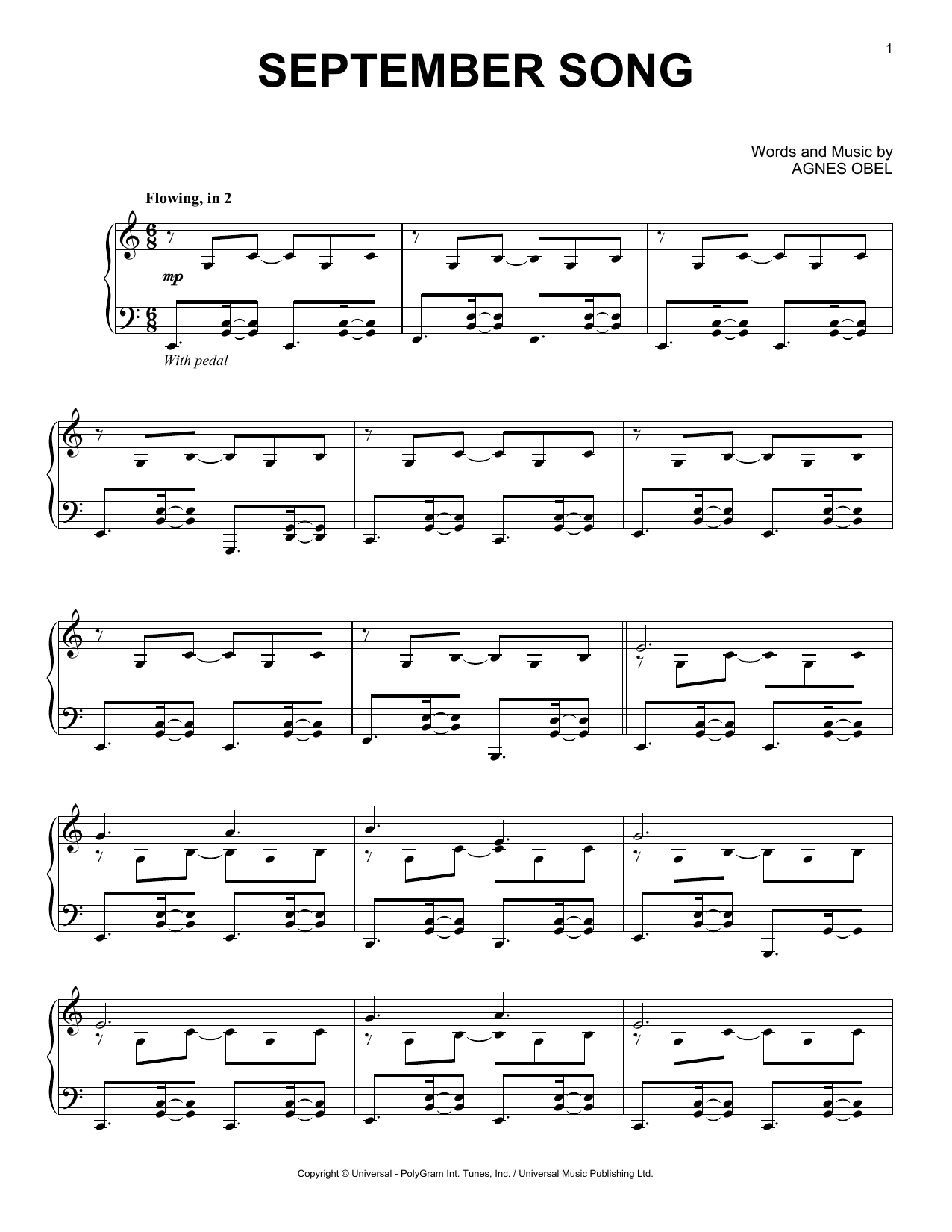 Agnes Obel September Song Sheet Music Notes & Chords for Easy Piano - Download or Print PDF